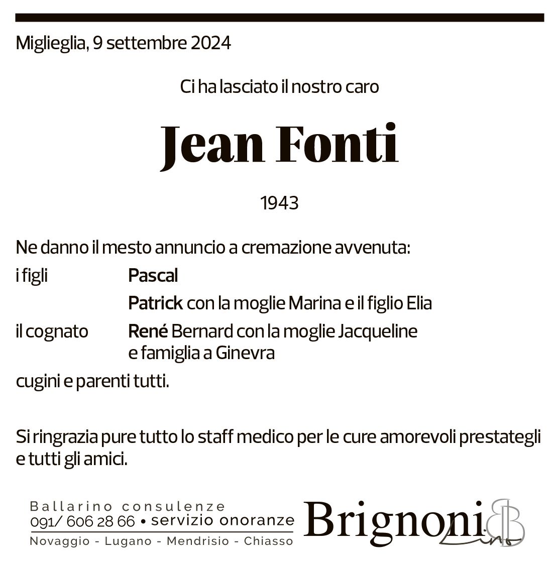 Annuncio funebre Jean Fonti