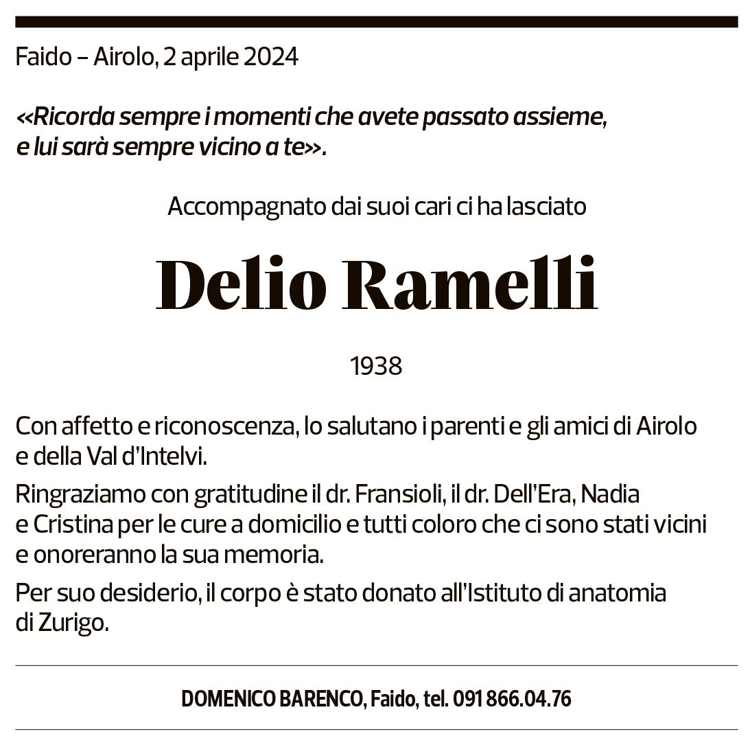 Annuncio funebre Delio Ramelli