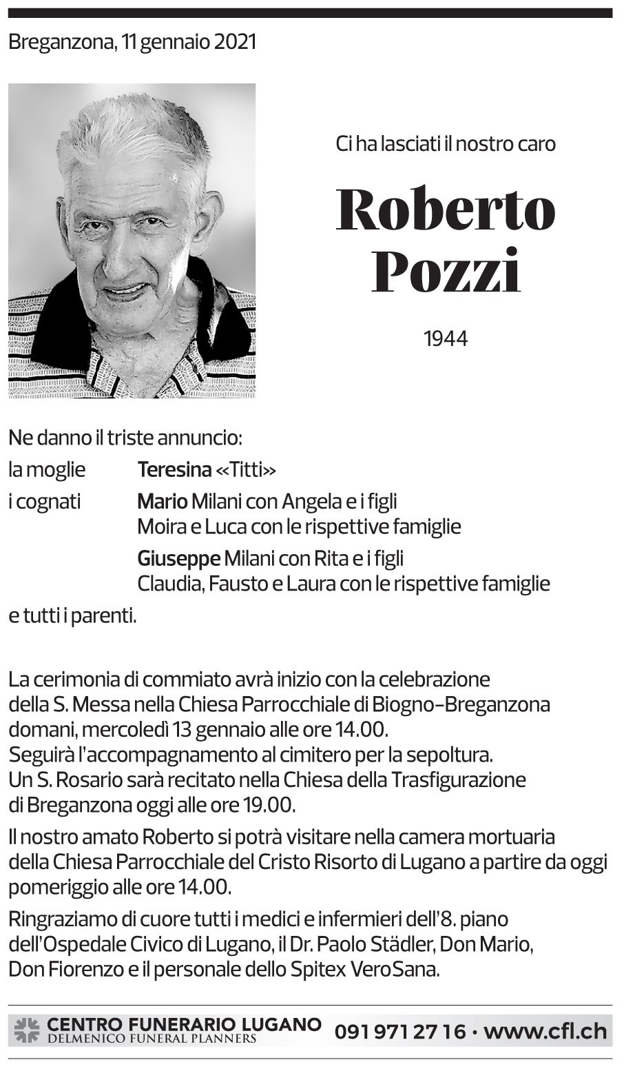 Annuncio funebre Roberto Pozzi