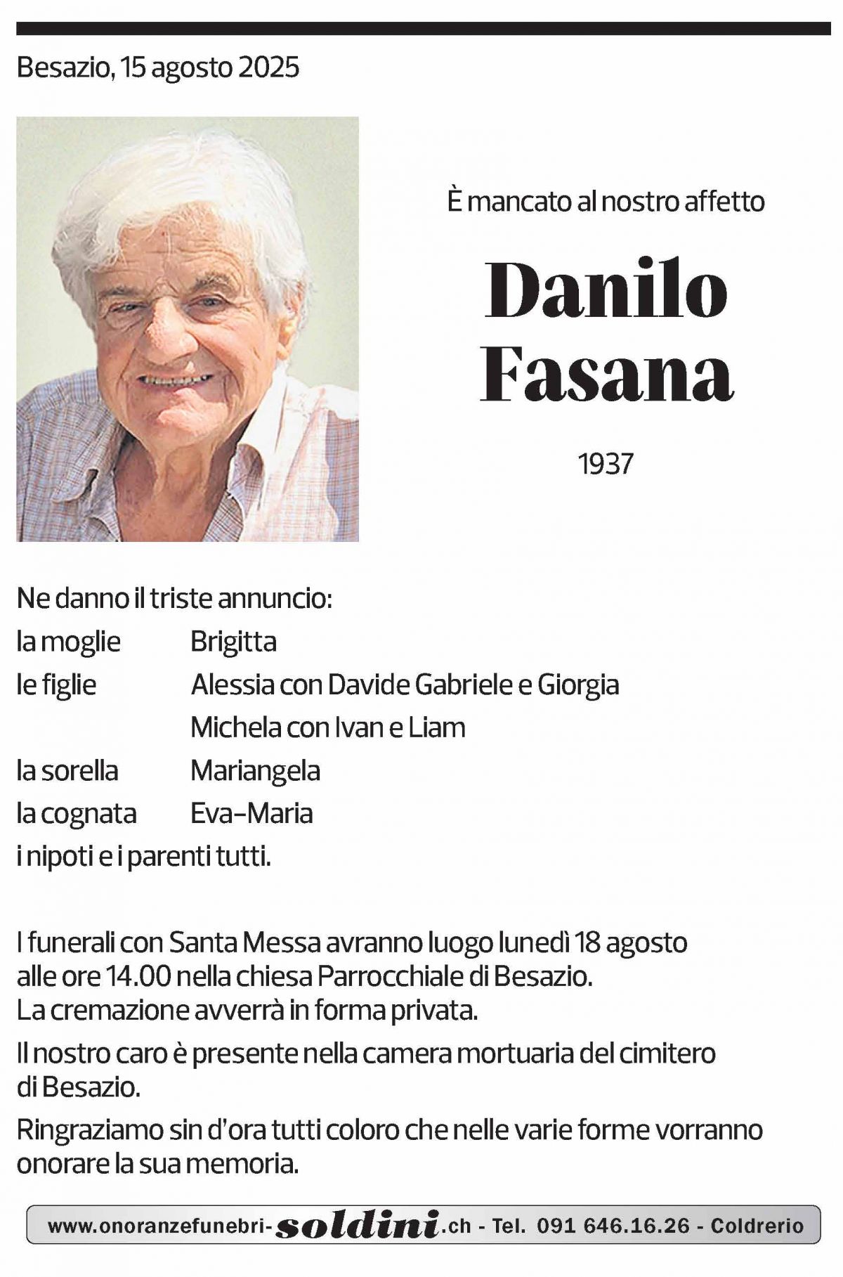 Annuncio funebre Danilo Fasana
