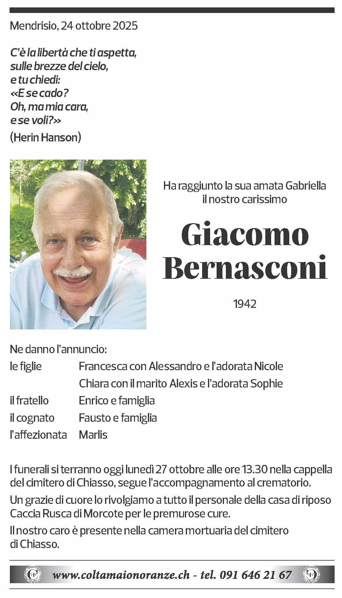 Annuncio funebre Giacomo Bernasconi