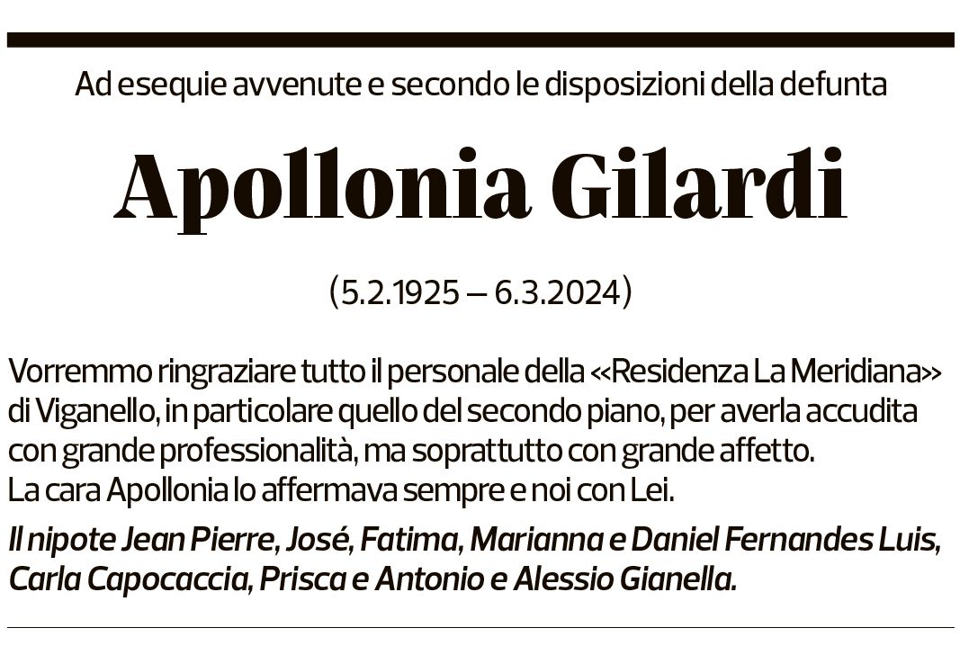 Annuncio funebre Apollonia Gilardi