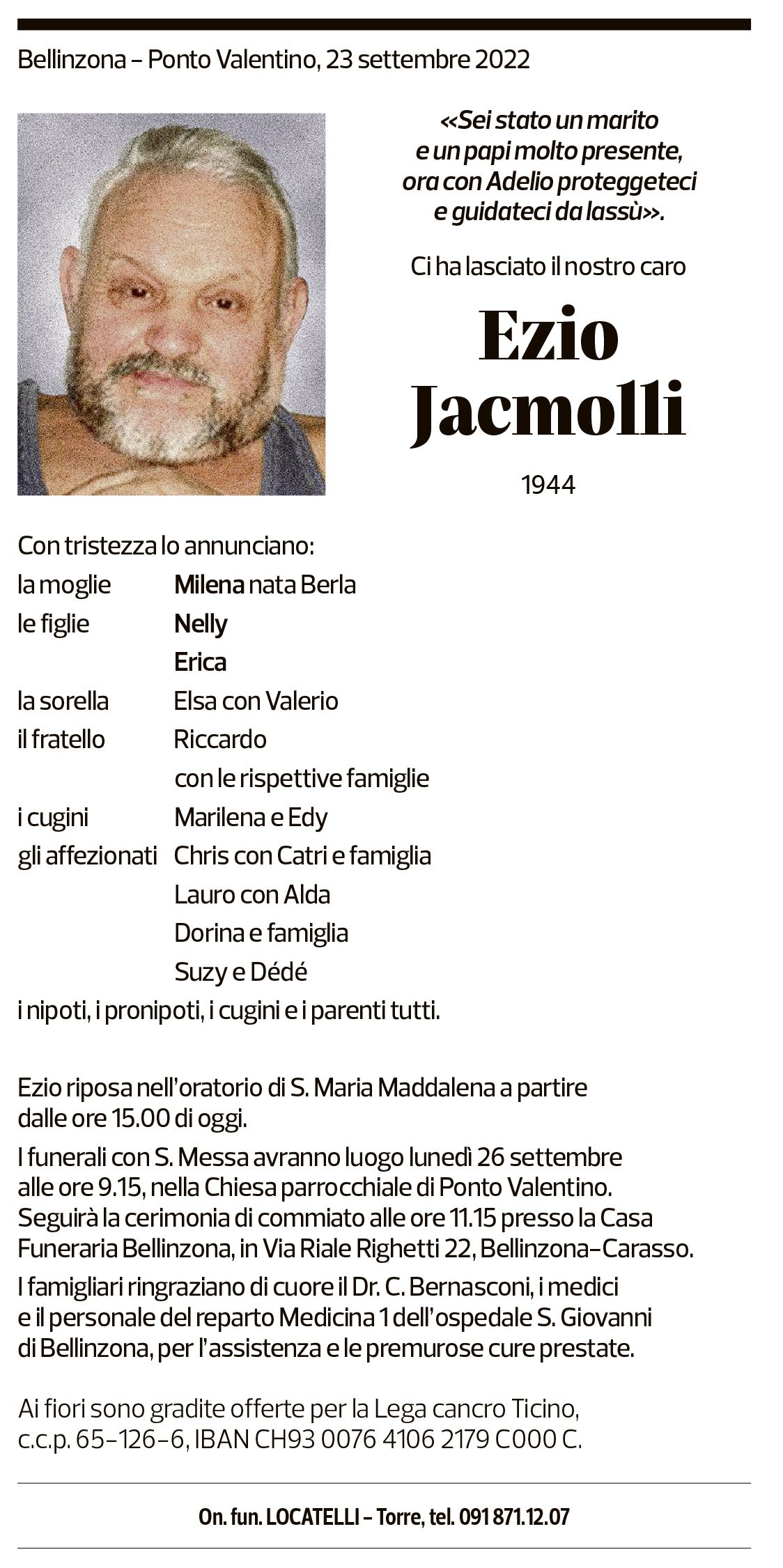 Annuncio funebre Ezio Jacmolli