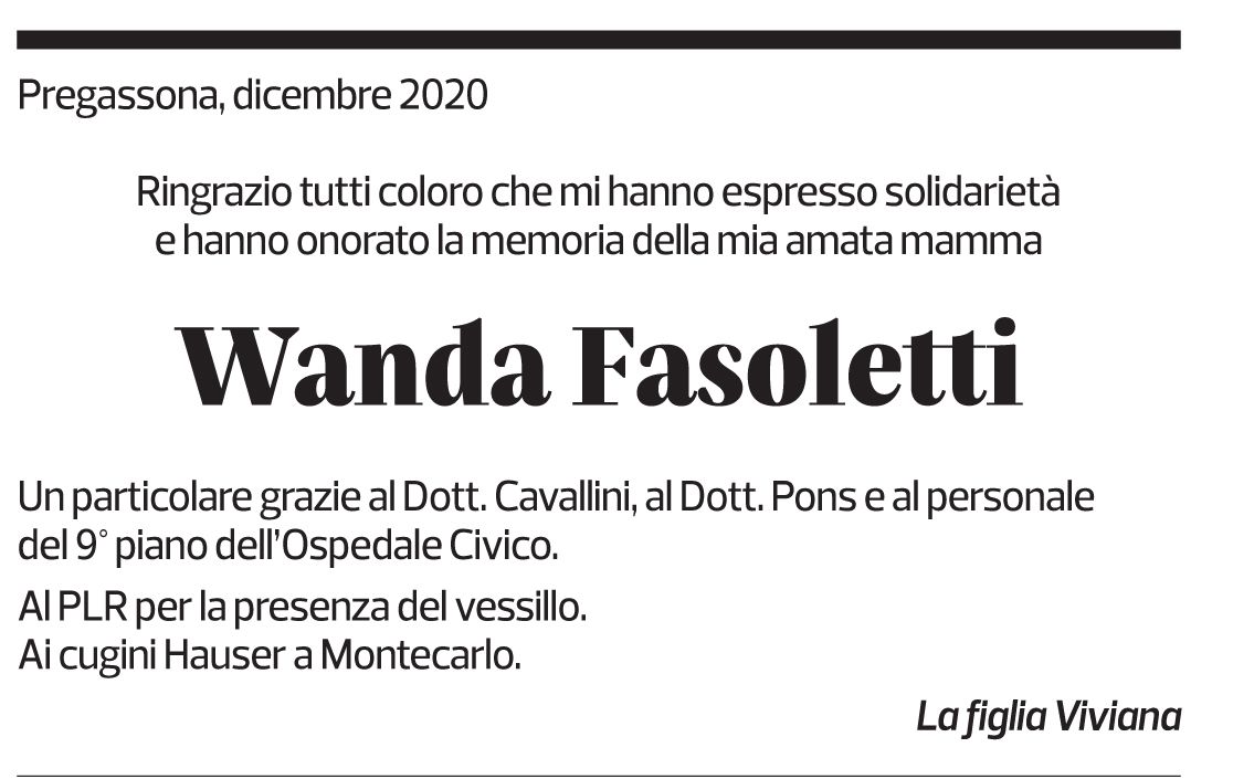 Annuncio funebre Wanda Fasoletti