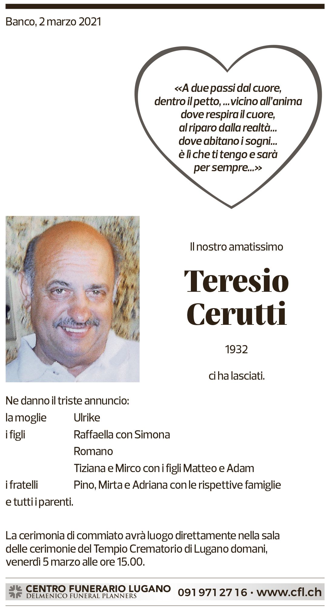 Annuncio funebre Teresio Cerutti