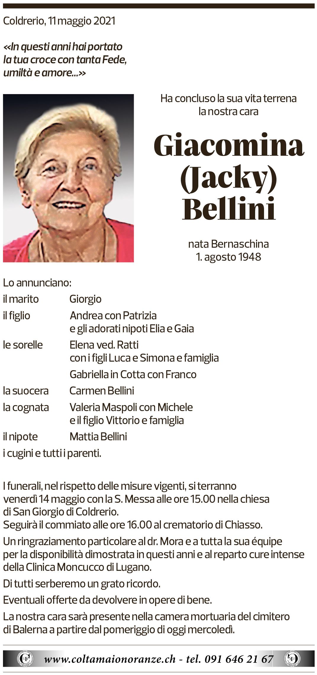 Annuncio funebre Giacomina Bellini