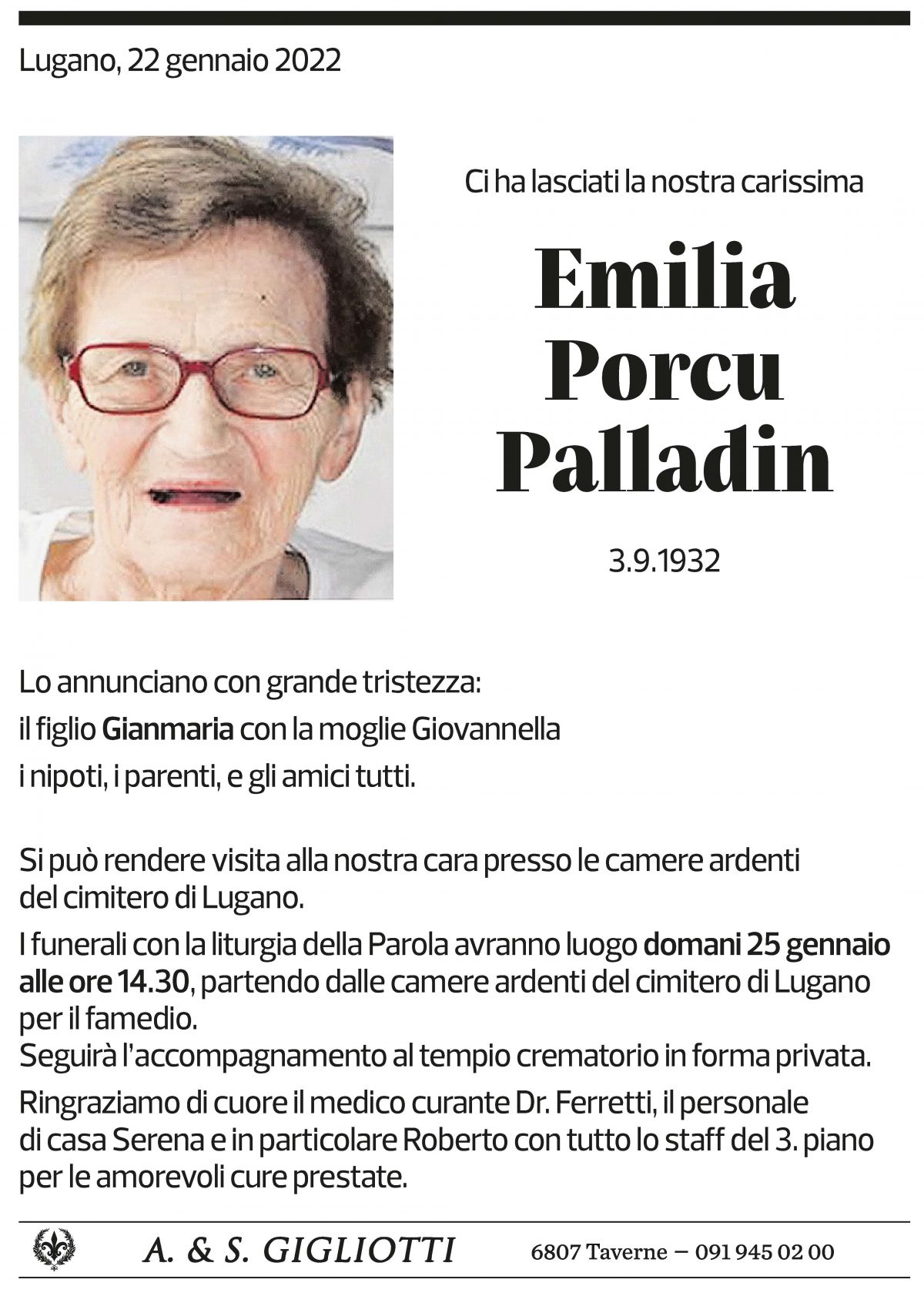 Annuncio funebre Emilia Porcu Palladin