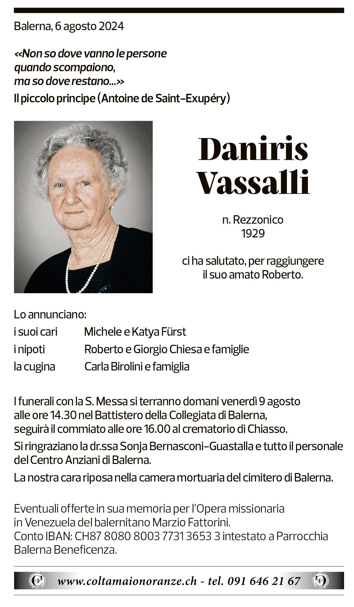 Annuncio funebre Daniris Vassalli