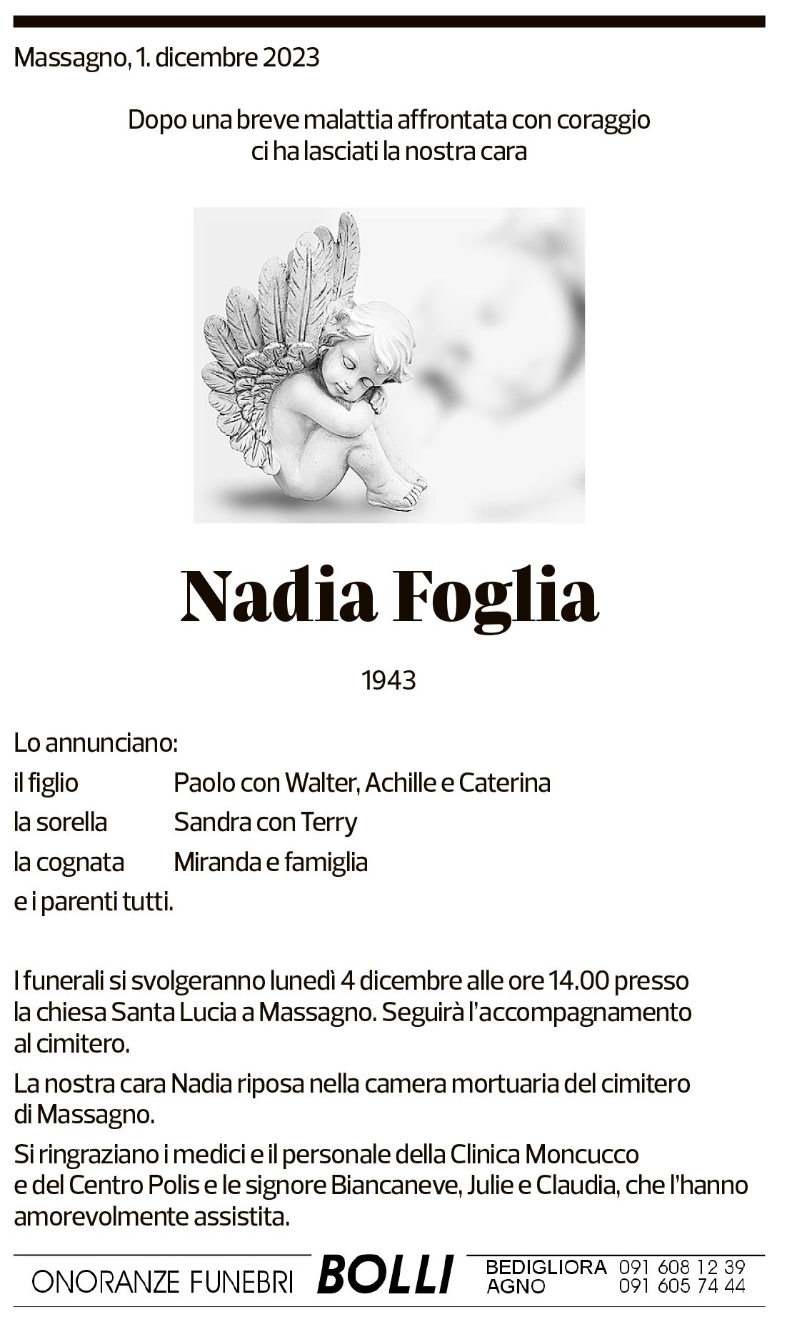 Annuncio funebre Nadia Foglia