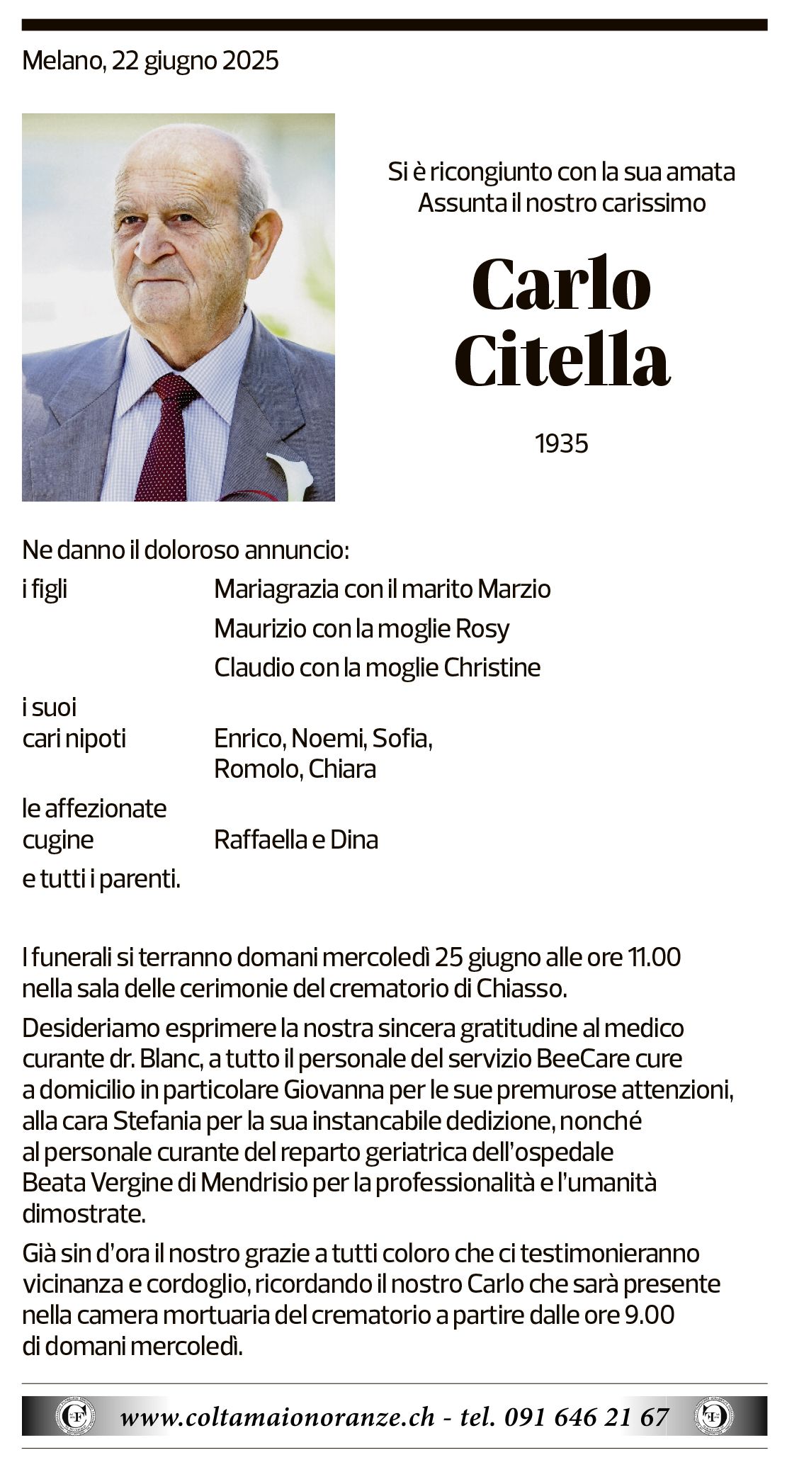 Annuncio funebre Carlo Citella