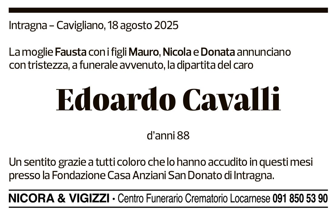 Annuncio funebre Edoardo Cavalli