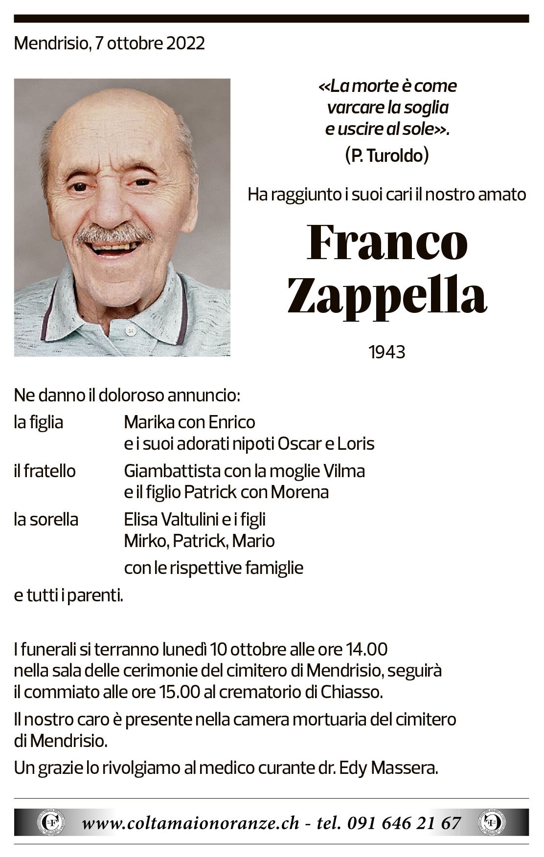 Annuncio funebre Franco Zappella