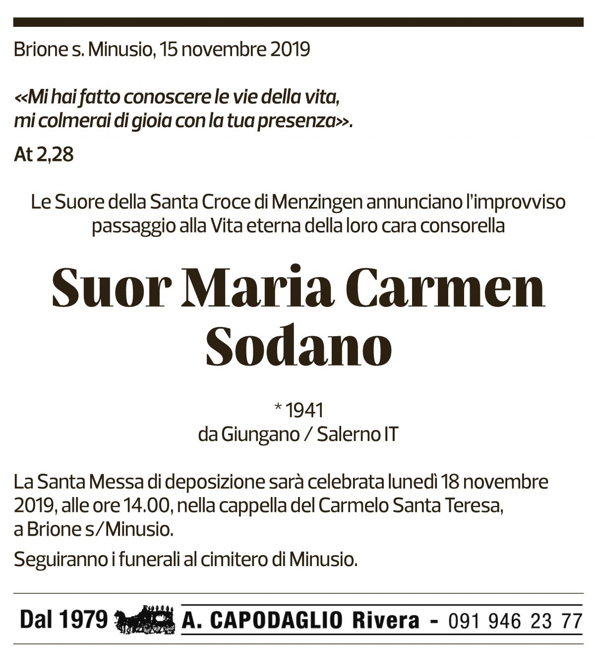 Annuncio funebre Suor Maria Carmen Sodano