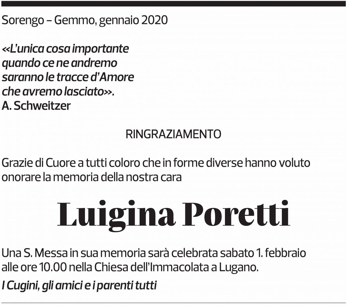 Annuncio funebre Luigina Poretti