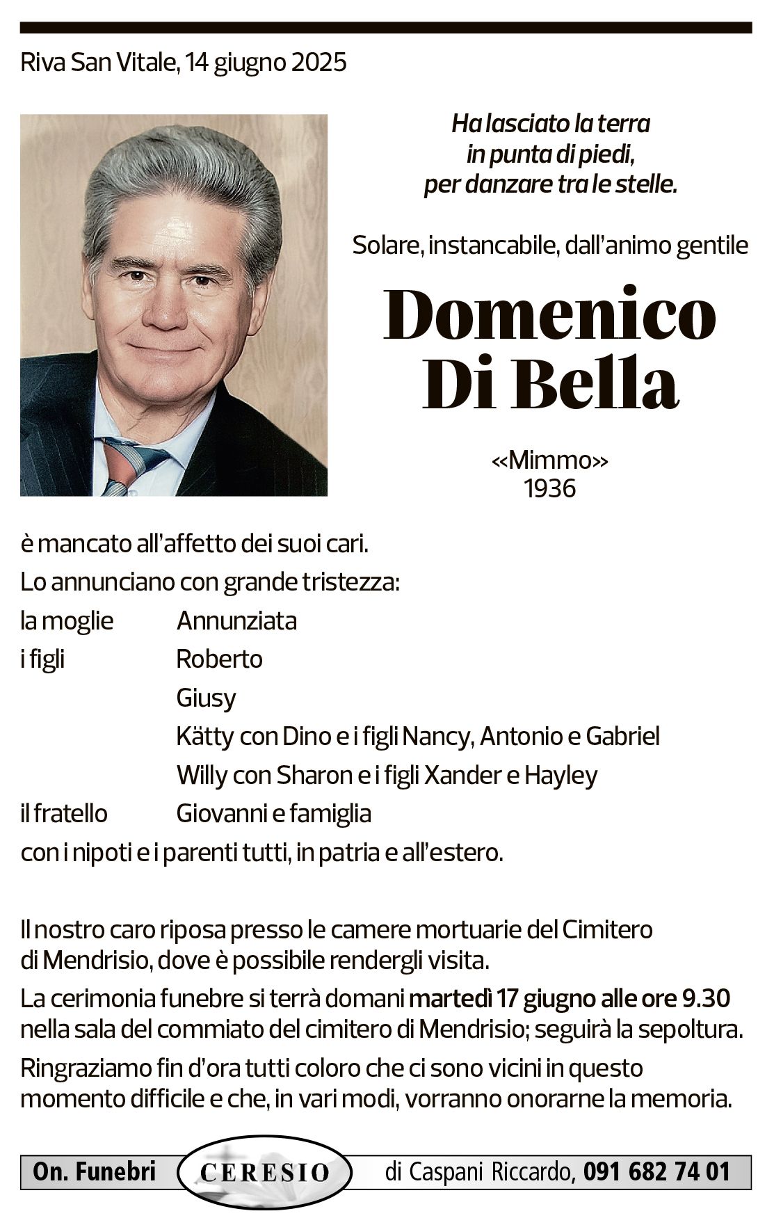 Annuncio funebre Domenico Di Bella