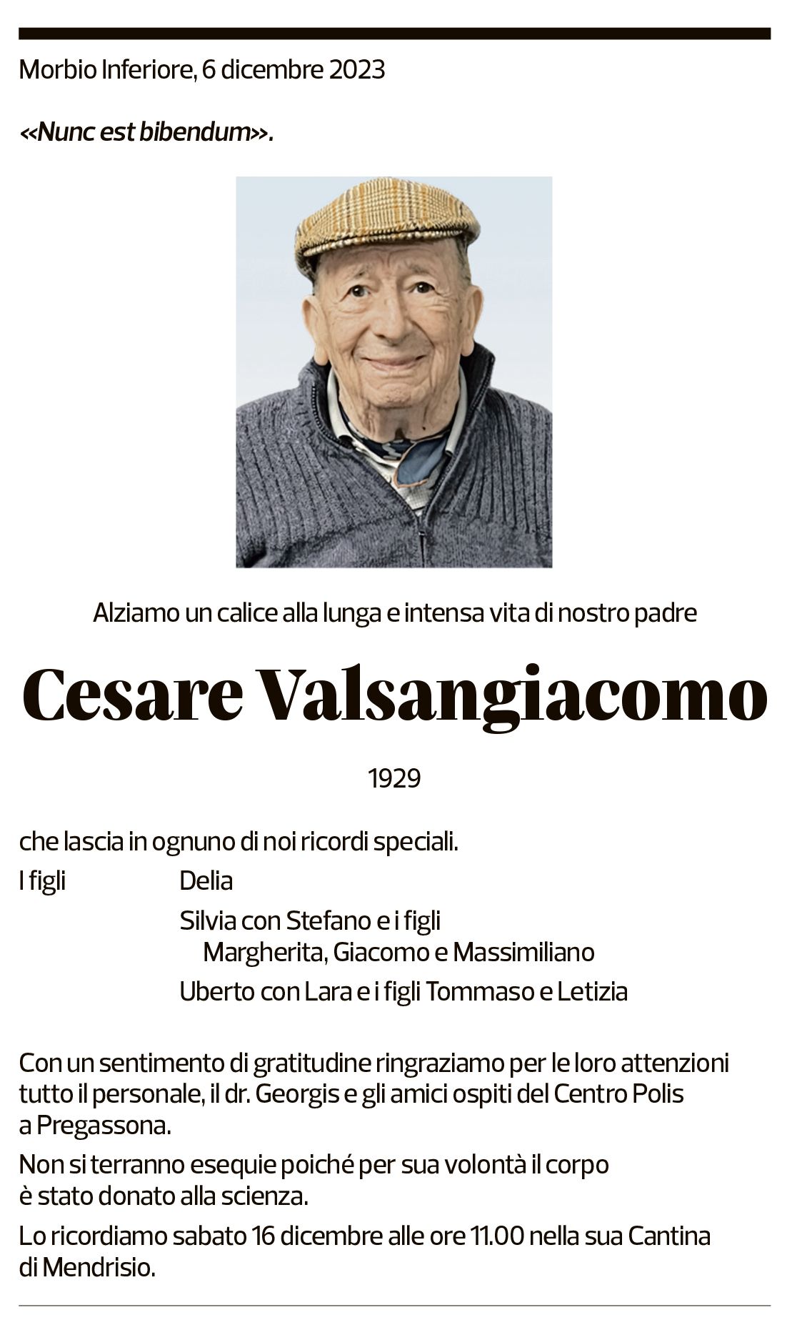 Annuncio funebre Cesare Valsangiacomo