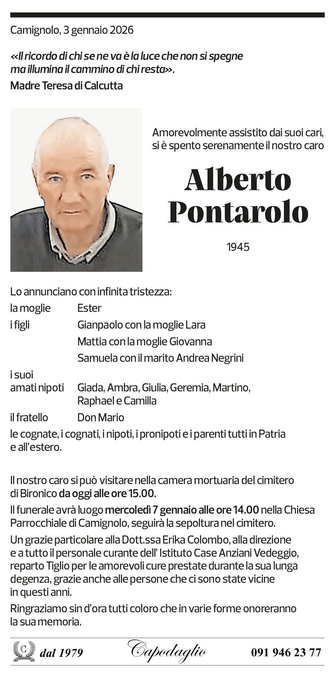 Annuncio funebre Alberto Pontarolo