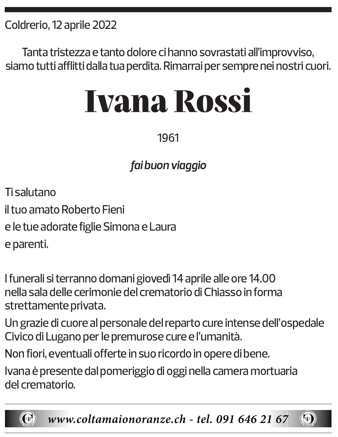 Annuncio funebre Ivana Rossi