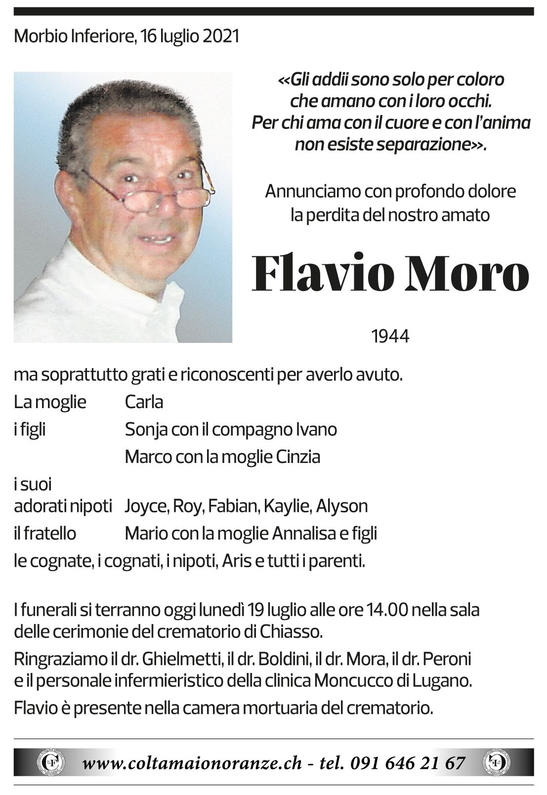 Annuncio funebre Flavio Moro