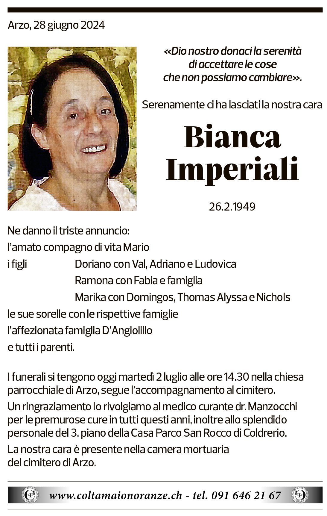 Annuncio funebre Bianca Imperiali