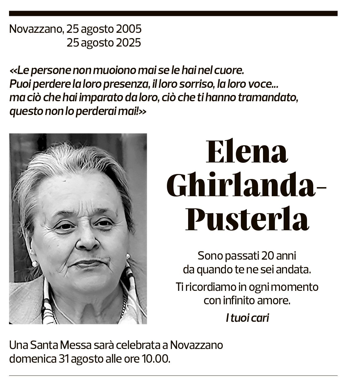 Annuncio funebre Elena Ghirlanda-pusterla