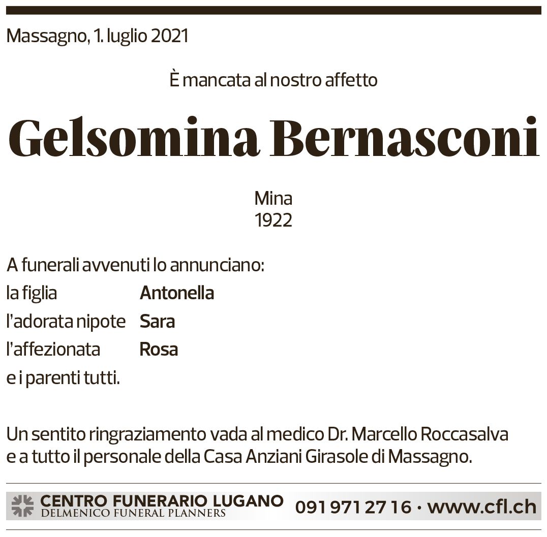 Annuncio funebre Gelsomina Bernasconi