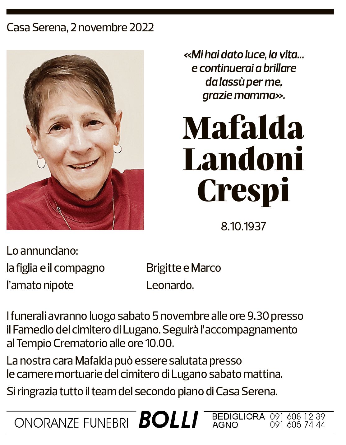 Annuncio funebre Mafalda Landoni Crespi