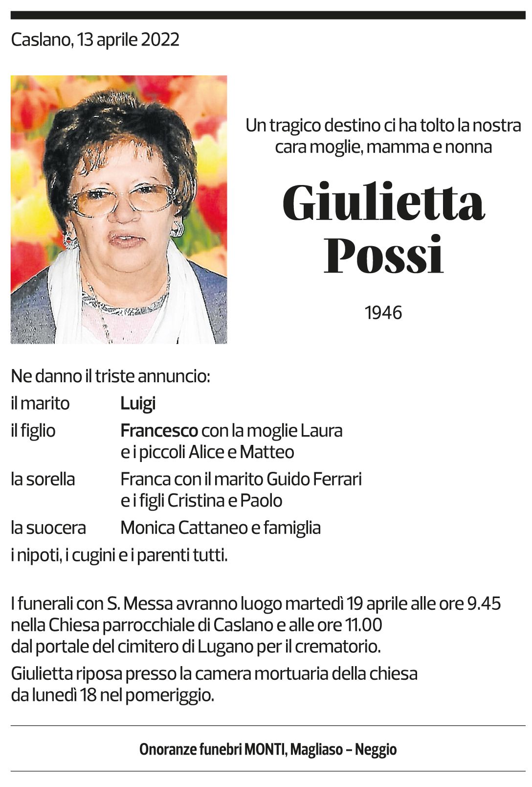 Annuncio funebre Giulietta Possi