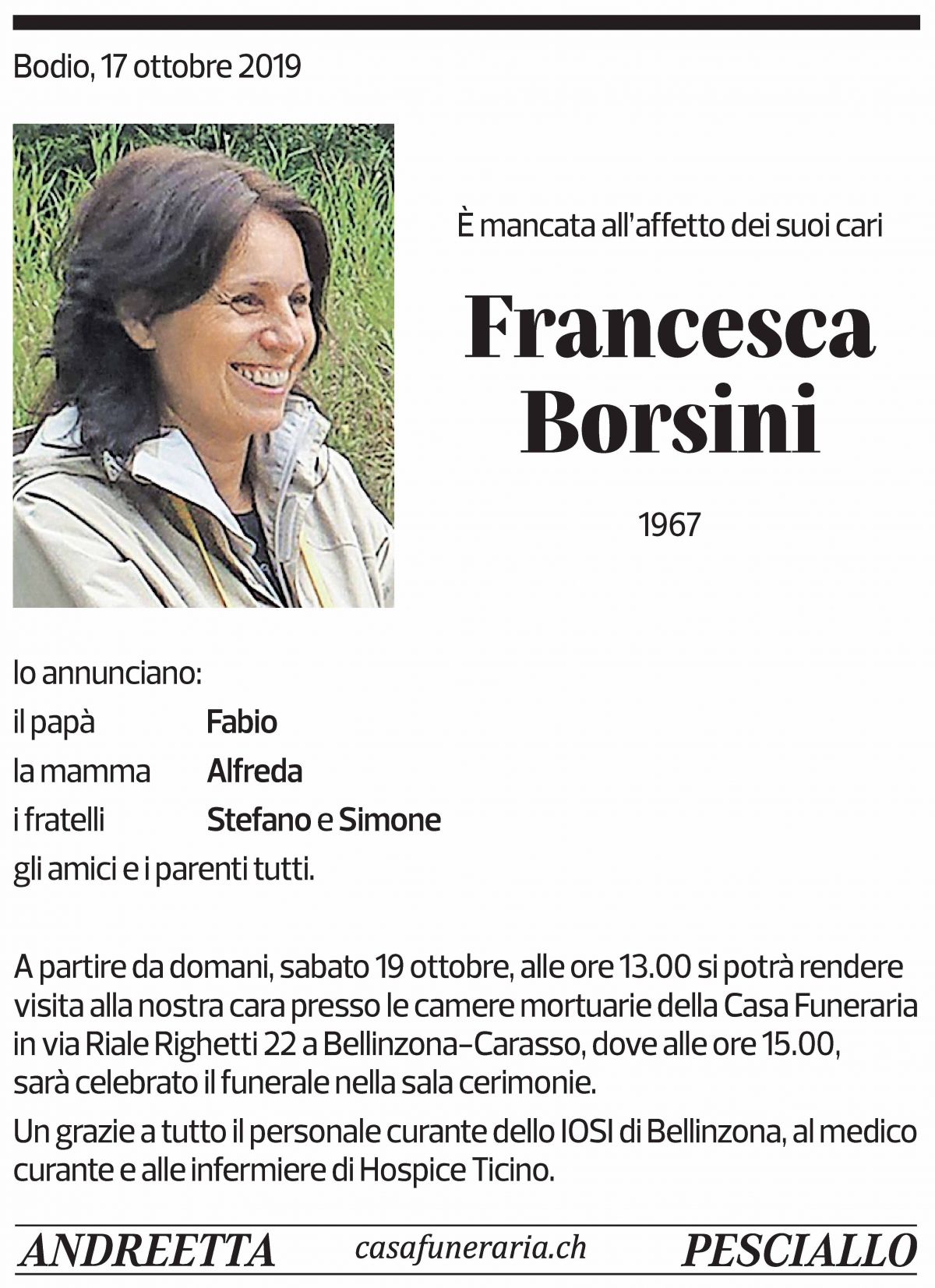 Annuncio funebre Francesca Borsini