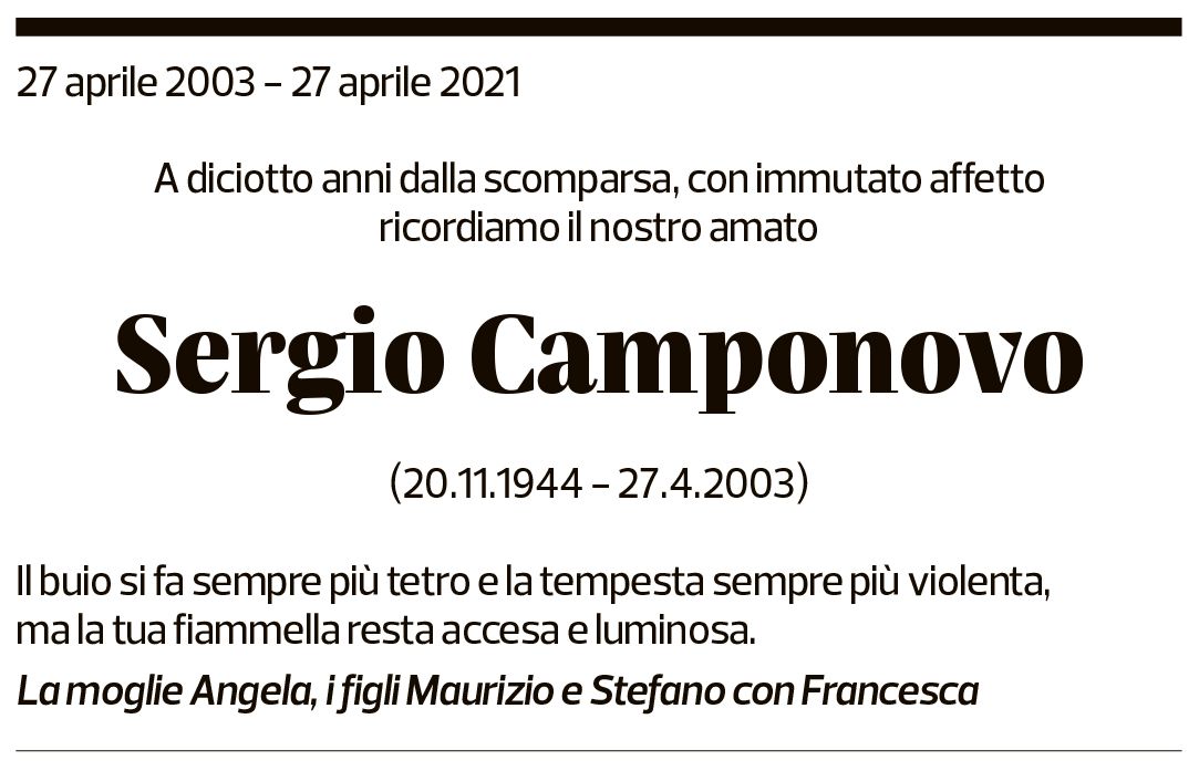 Annuncio funebre Sergio Camponovo