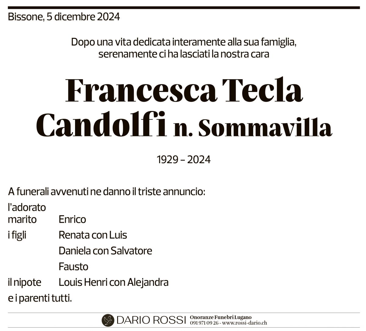 Annuncio funebre Francesca Tecla Candolfi N. Sommavilla