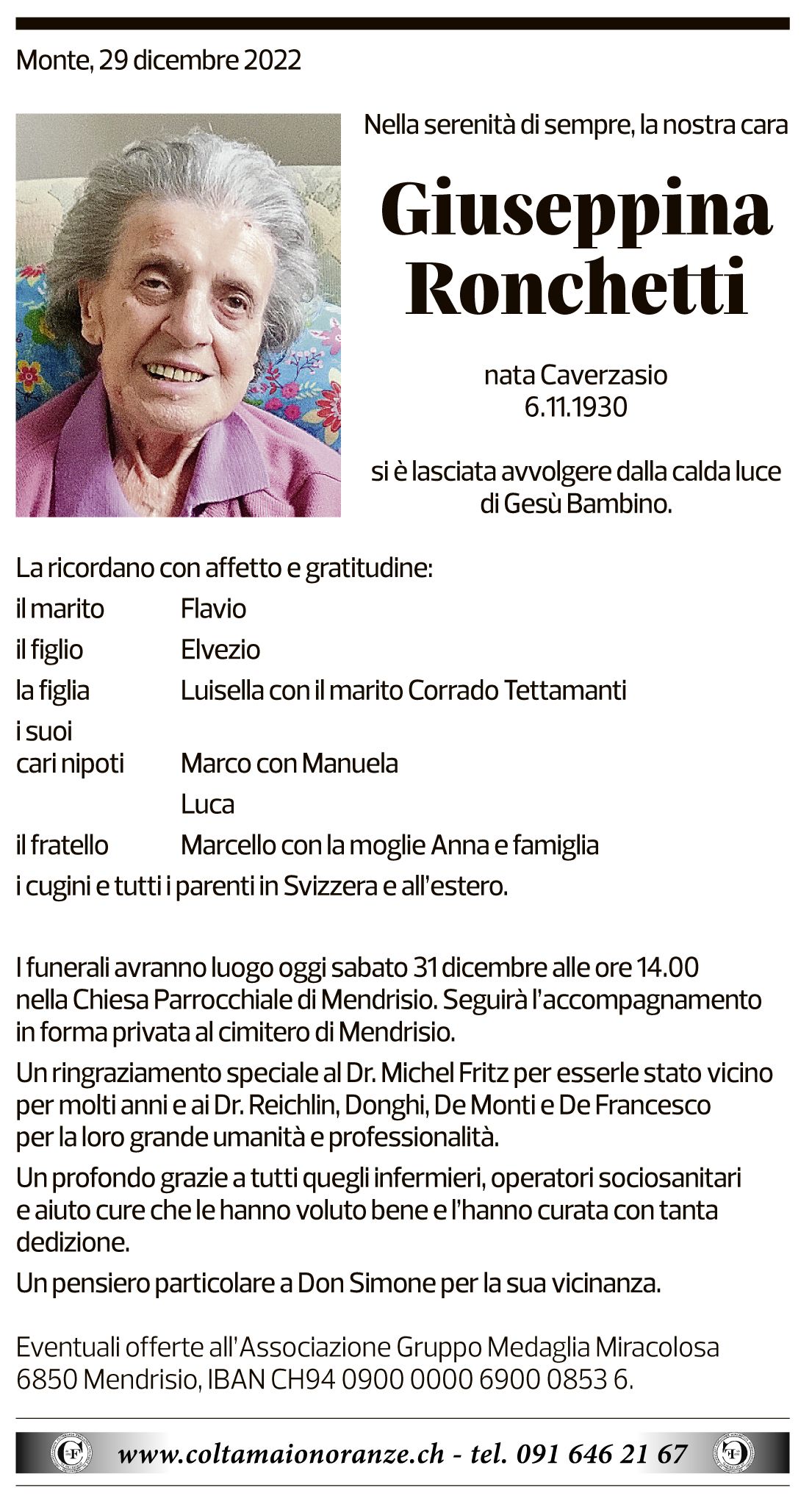 Annuncio funebre Giuseppina Ronchetti