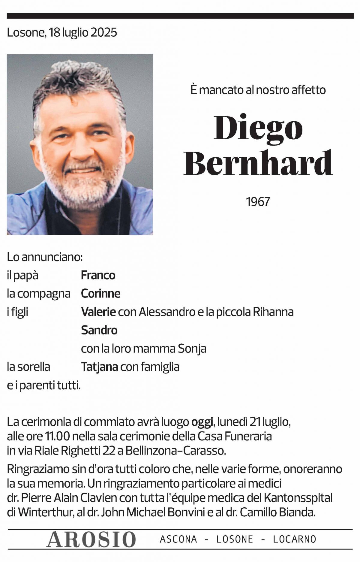 Annuncio funebre Diego Bernhard