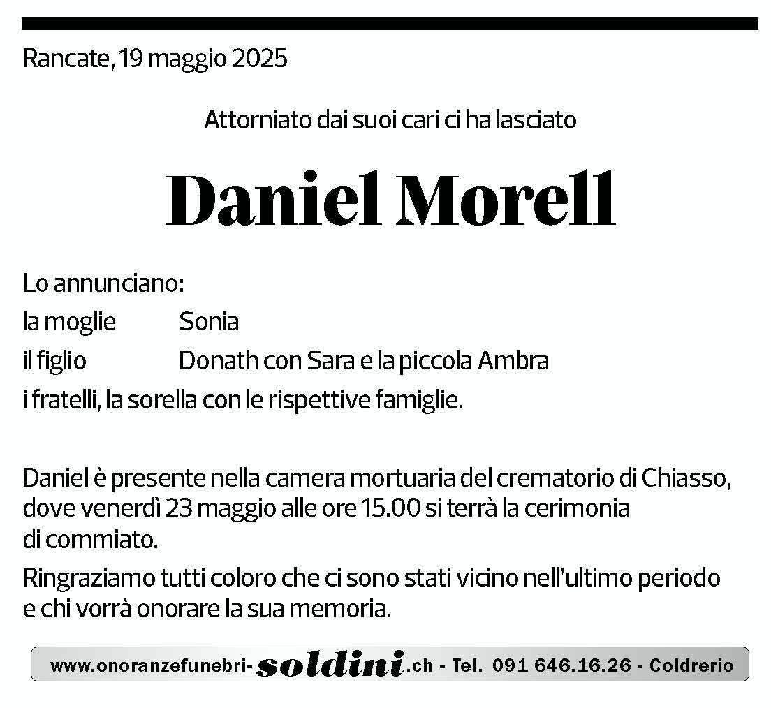 Annuncio funebre Daniel Morell