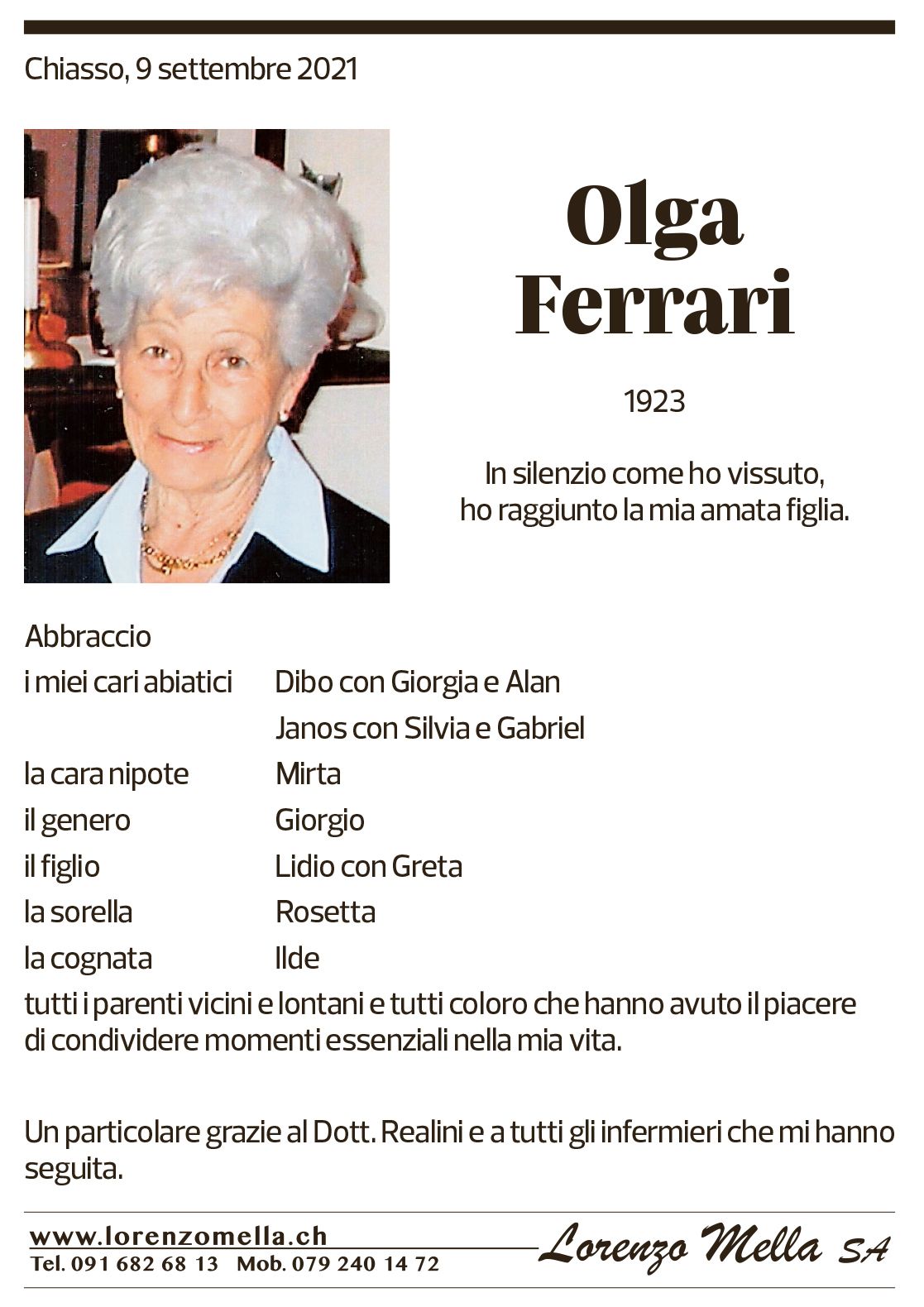 Annuncio funebre Olga Ferrari