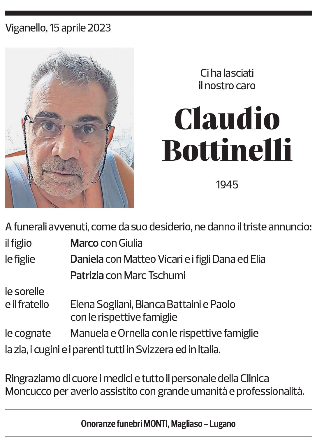 Annuncio funebre Claudio Bottinelli