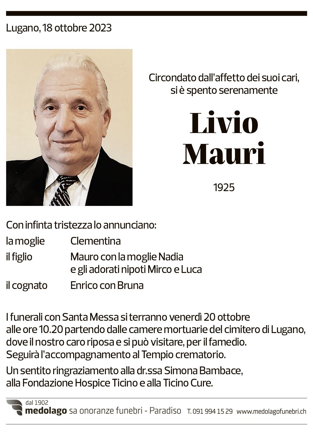 Annuncio funebre Livio Mauri