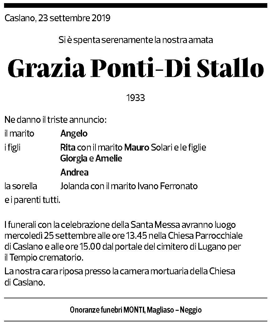 Annuncio funebre Grazia Ponti- Di Stallo