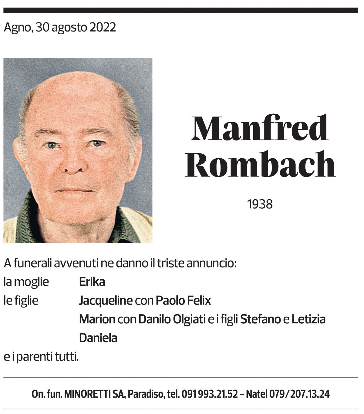 Annuncio funebre Manfred Rombach