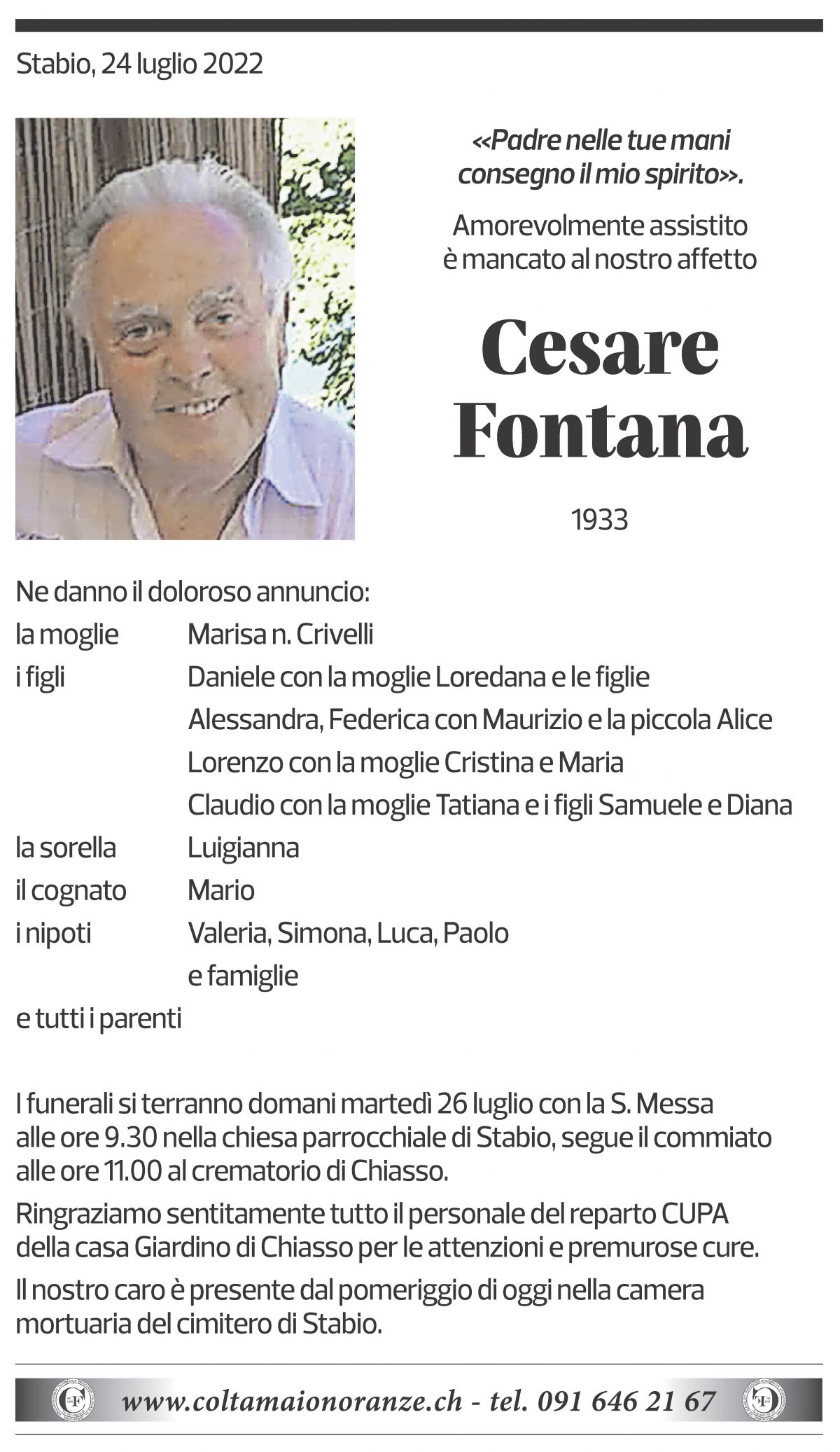 Annuncio funebre Cesare Fontana