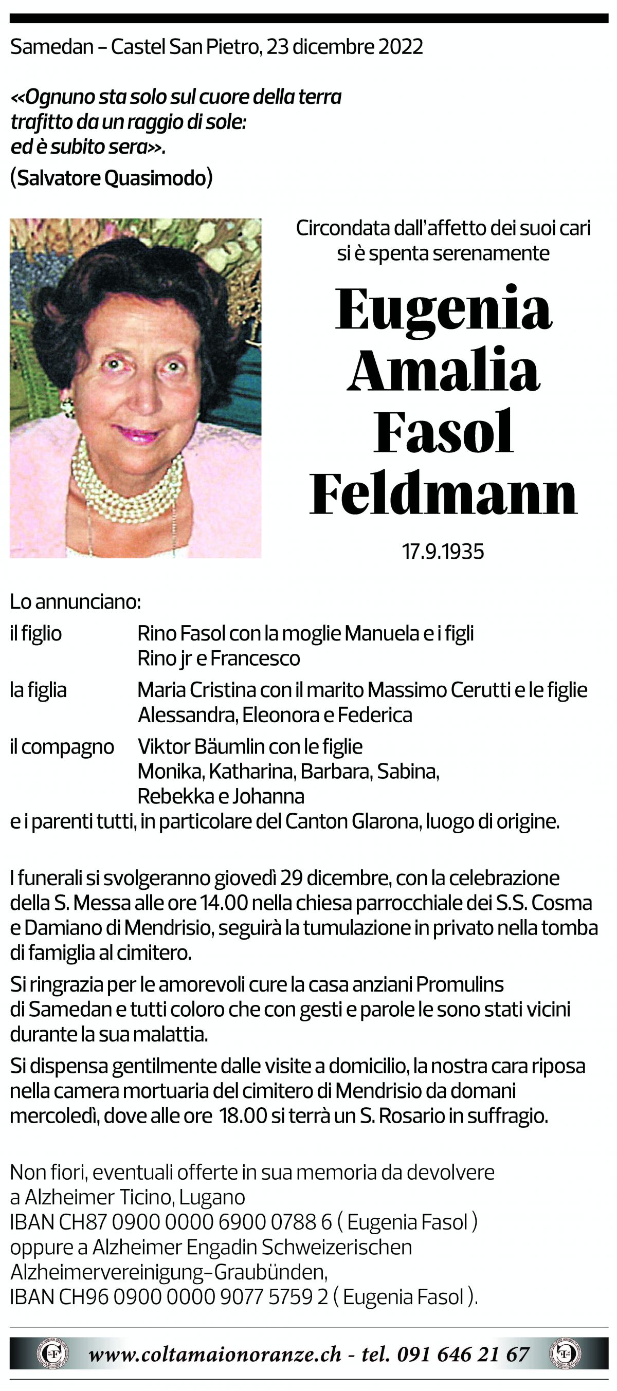 Annuncio funebre Eugenia Amalia Fasol Feldmann