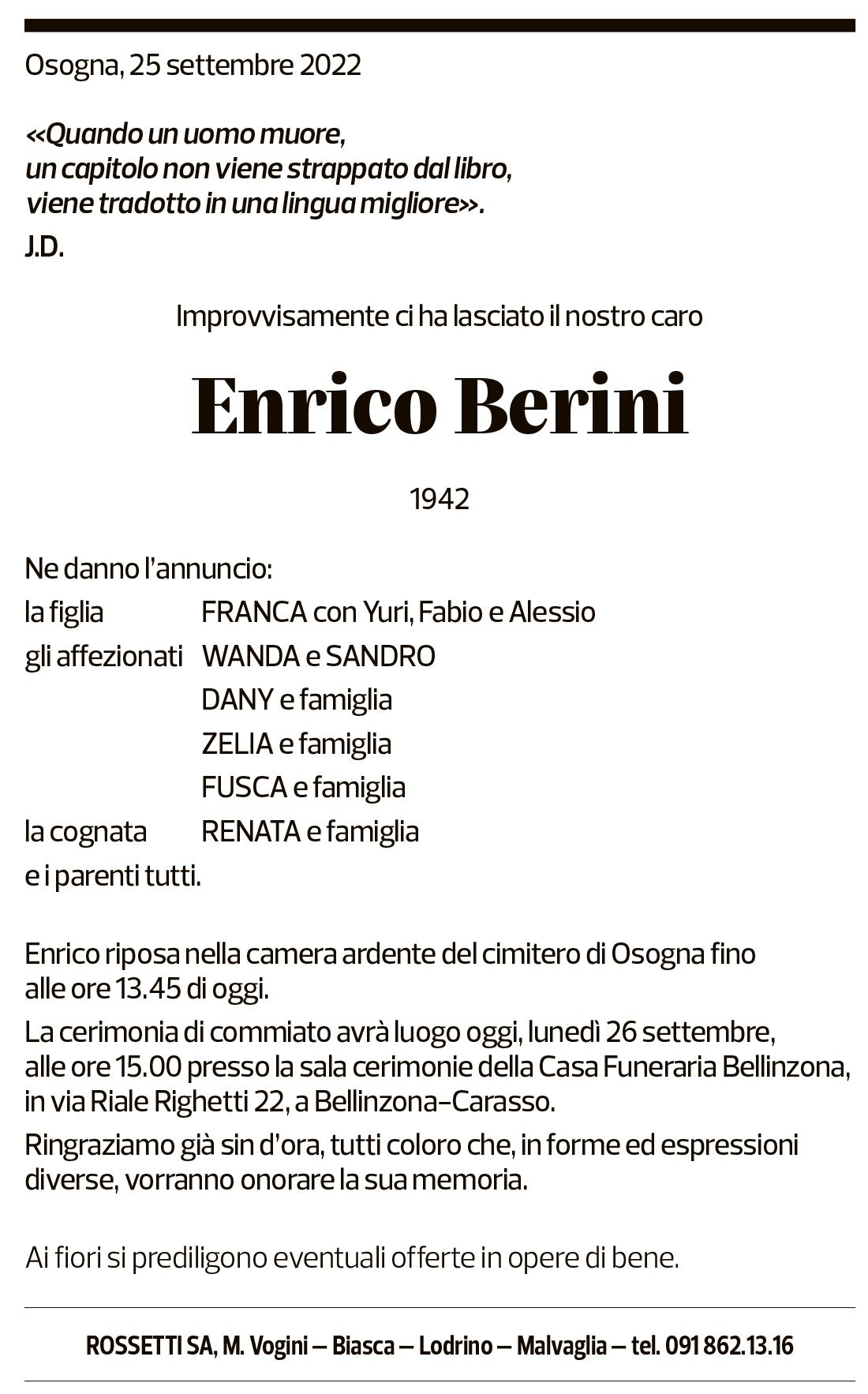 Annuncio funebre Enrico Berini