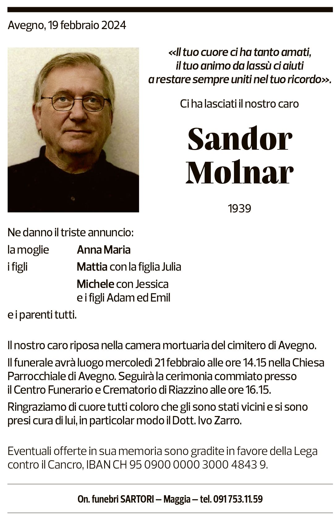 Annuncio funebre Sandor Molnar