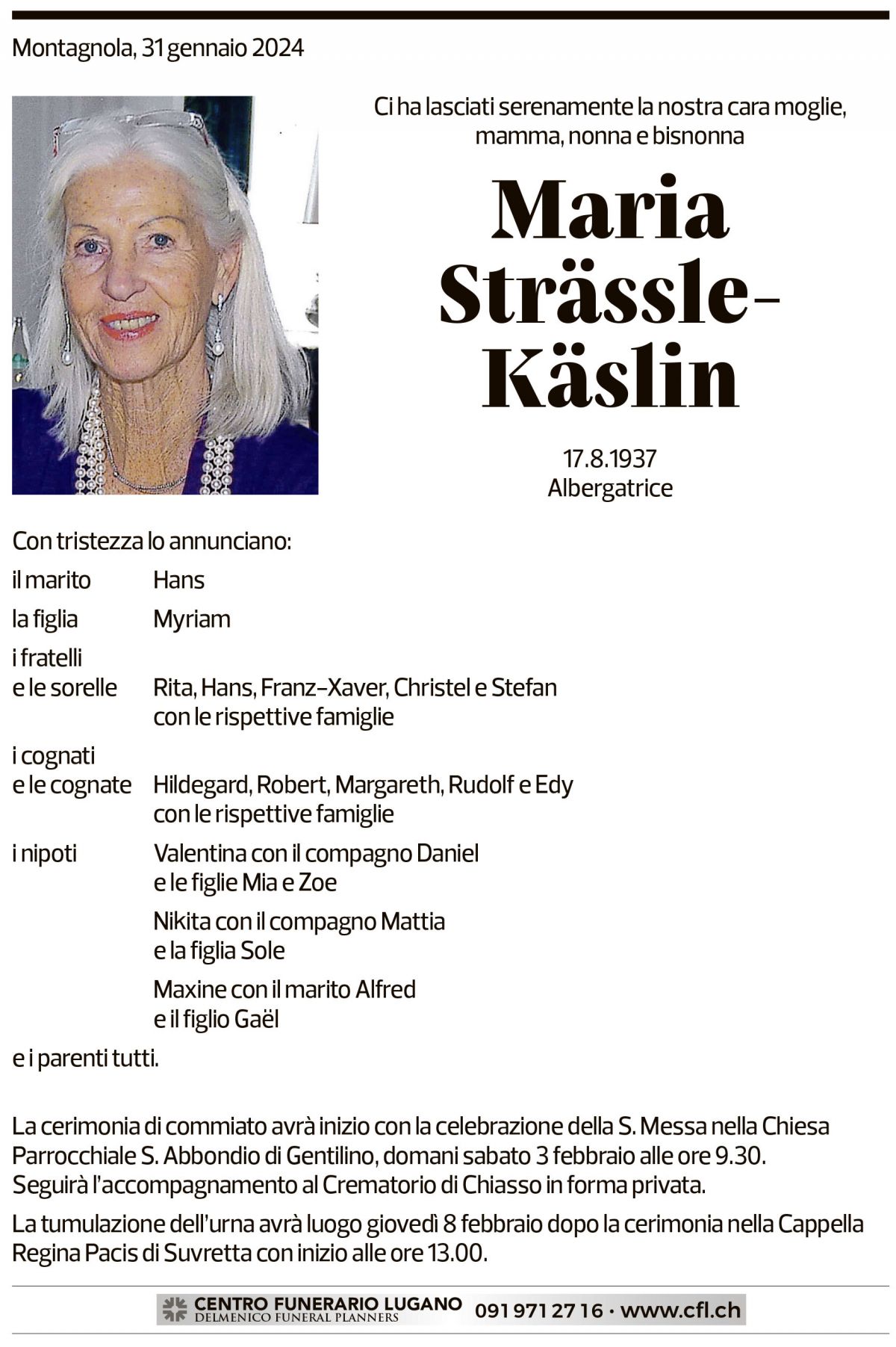 Annuncio funebre Maria Strässle-käslin