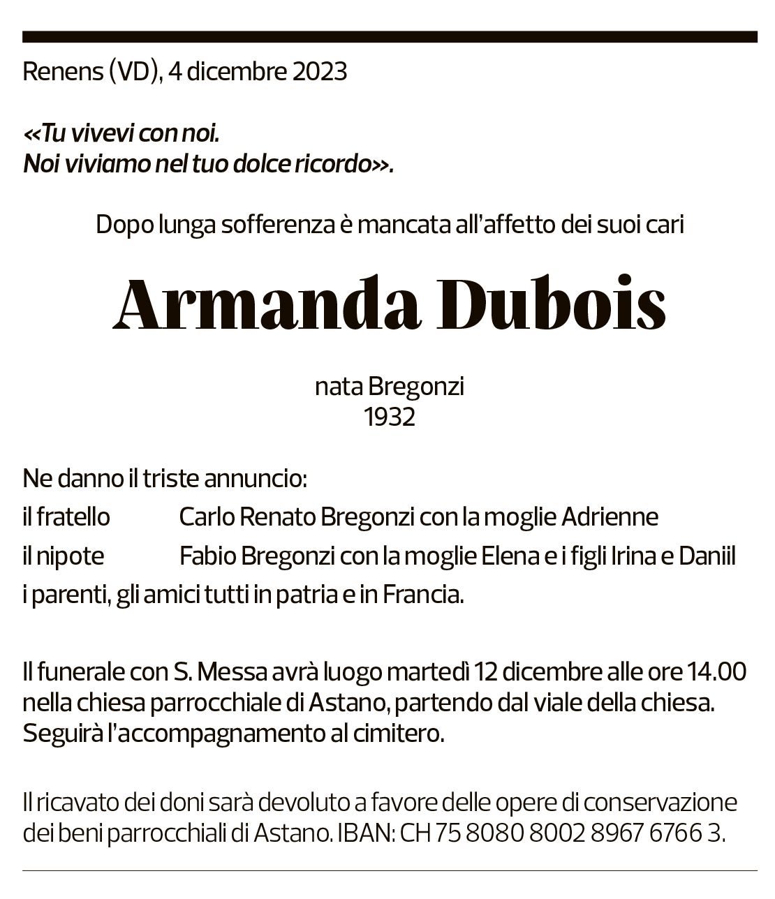 Annuncio funebre Armanda Dubois