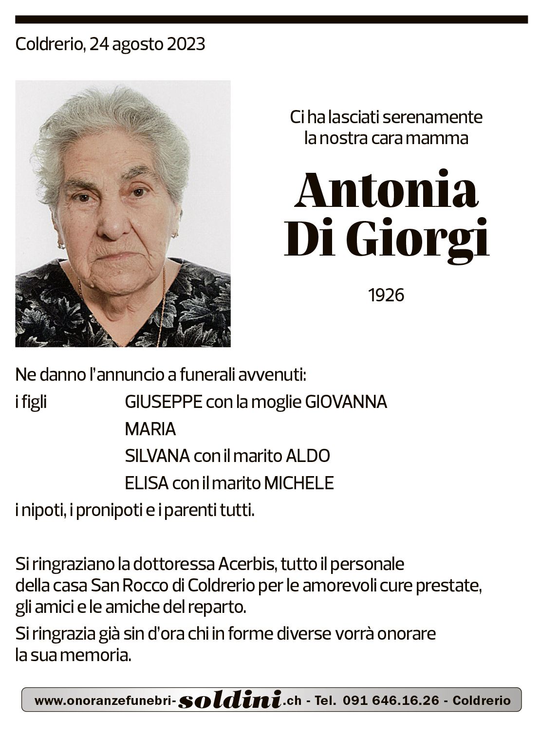 Annuncio funebre Antonia Di Giorgi