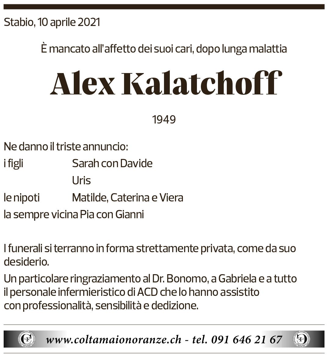 Annuncio funebre Alex Kalatchoff