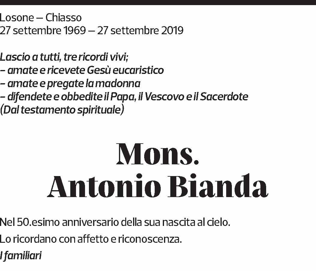 Annuncio funebre Mons. Antonio Bianda
