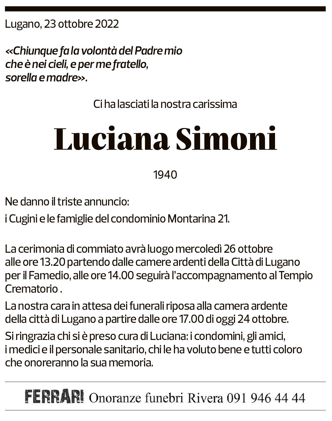 Annuncio funebre Luciana Simoni