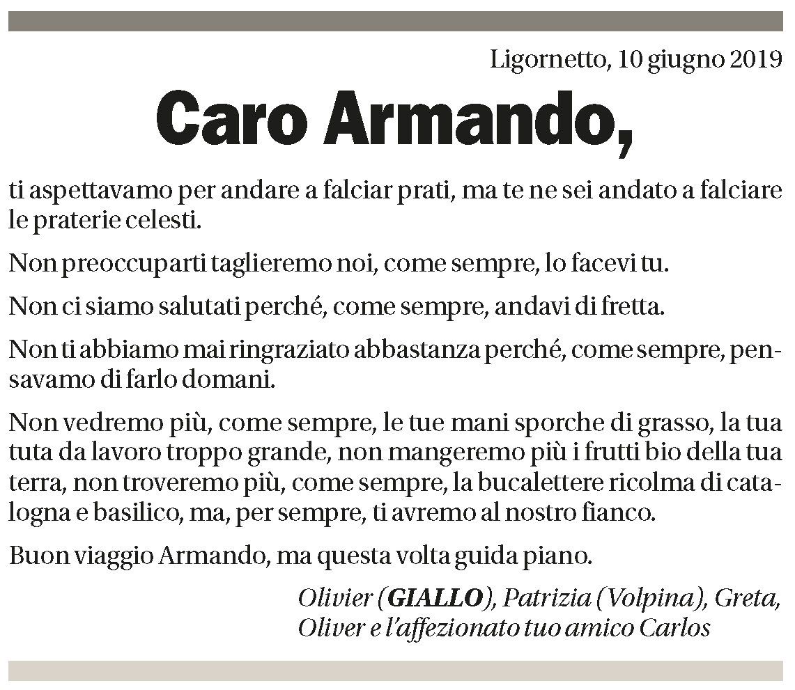 Annuncio funebre Armando Augustoni